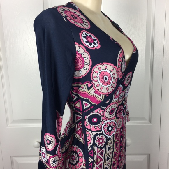  Fun Colorful Navy / Pink Wrap Dress - Picture 6 of 7